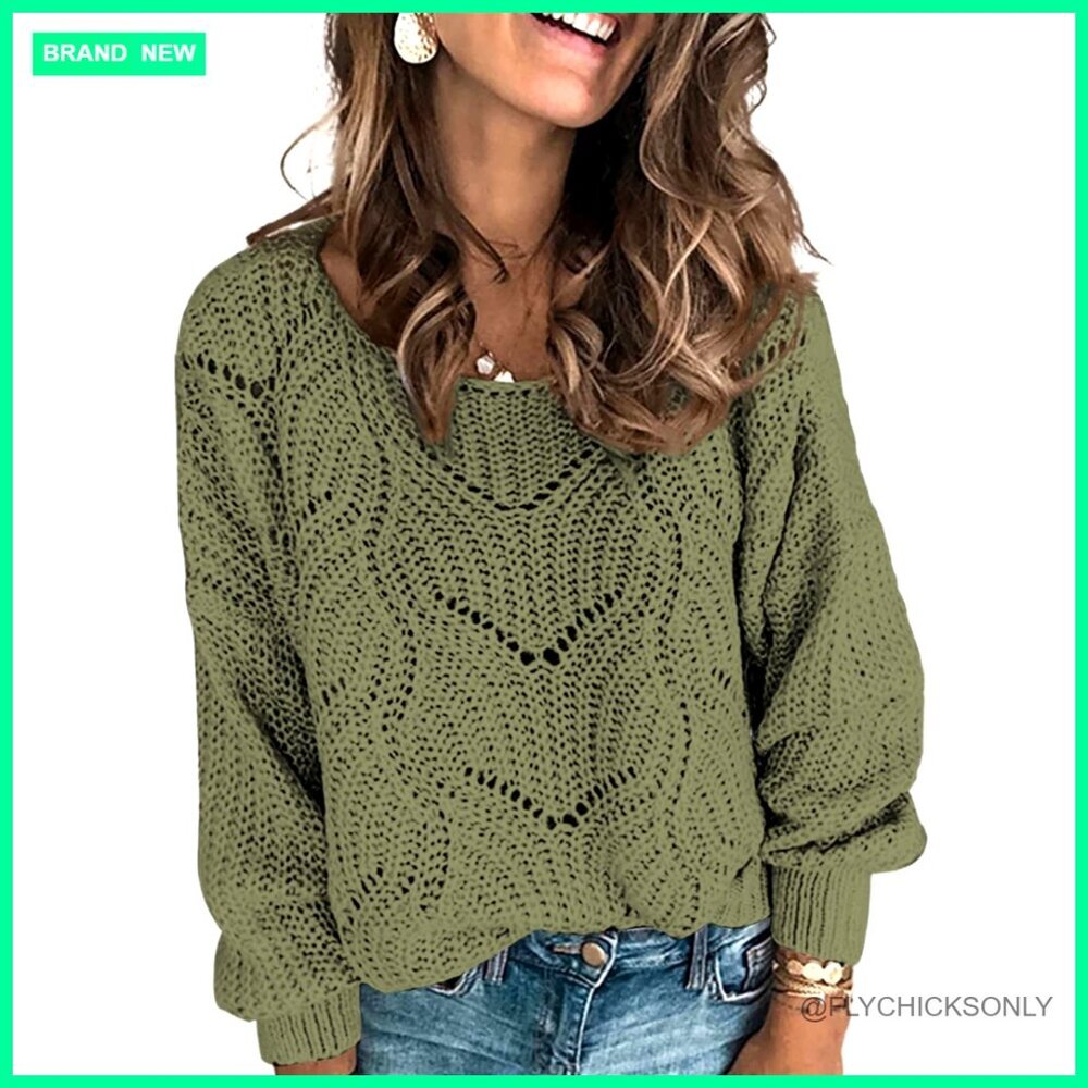 Loose Fit Cable Knit Pullover Sweater Long Sleeve Crewneck Hollow Design
